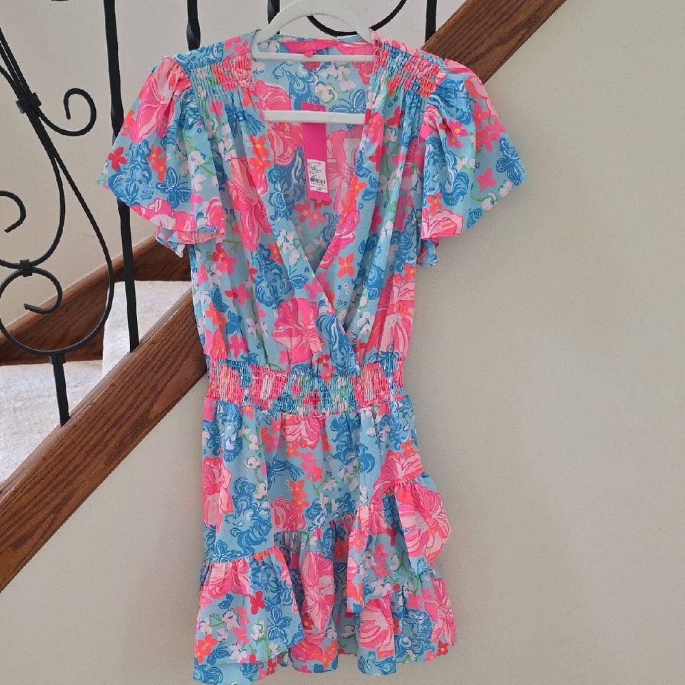 Lilly Pulitzer Maryanne Flutter Sleeve Dress in Surf Blue and Pink